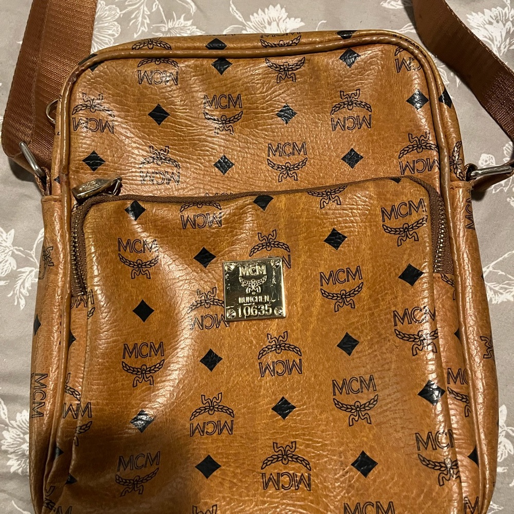 MCM Cognac Logo Messenger Bag with Black Accents